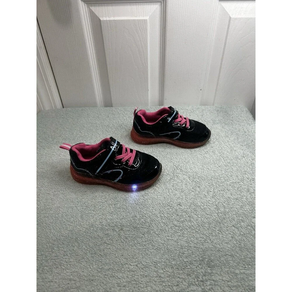 Girls Light-Up Sneakers Black Pink Glitter Sole Hook & Loop Size 9 Toddler